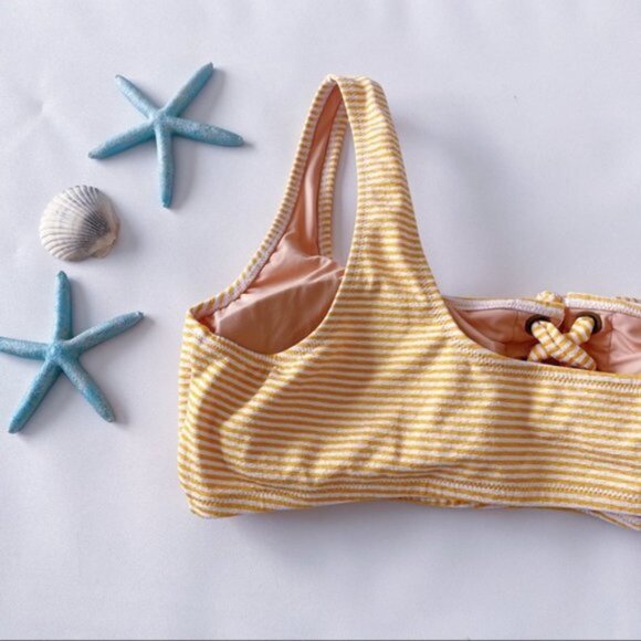 J. Crew | Lace Up Bikini Top Faded Stripe White Gold Orange Summer Flirty New 3X - Picture 7 of 10